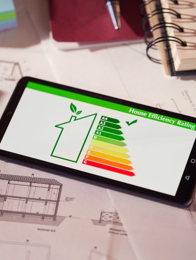 Energy class and efficiency app on phone over architectural plans